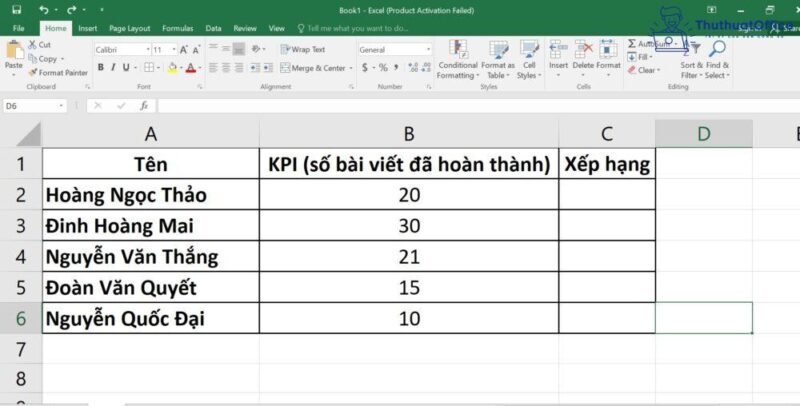 xếp hạng trong Excel