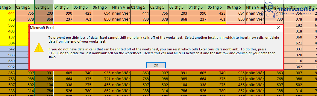 Không insert được cột trong Excel