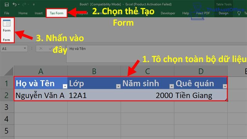 cách nhập dữ liệu trong Excel bằng form tự tạo