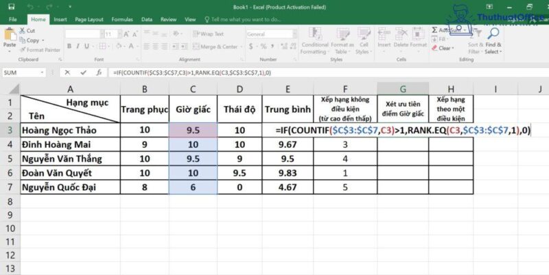 xếp hạng trong Excel