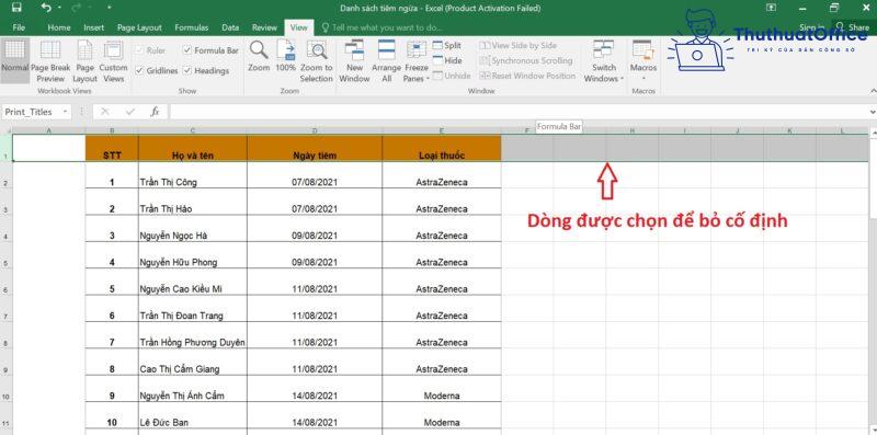 cố định tiêu đề trong Excel