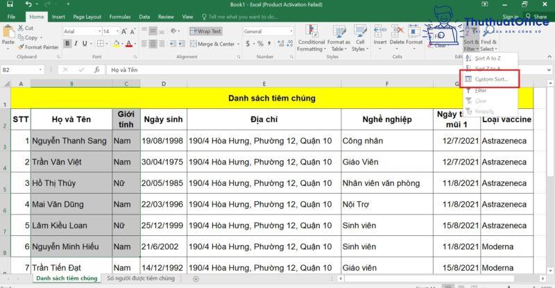 cách SORT trong Excel