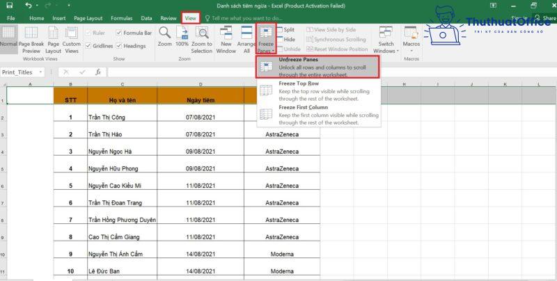 cố định tiêu đề trong Excel