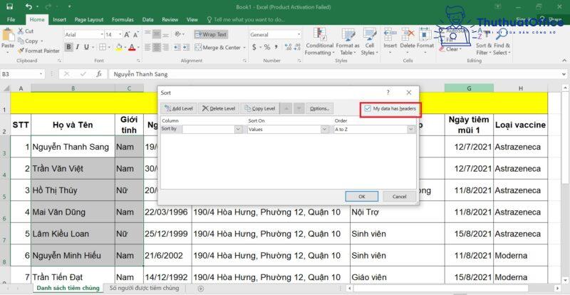 cách SORT trong Excel