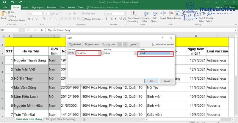 cách SORT trong Excel