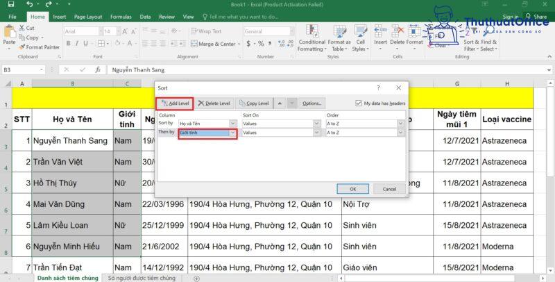 cách SORT trong Excel