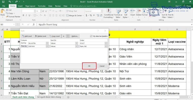 cách SORT trong Excel