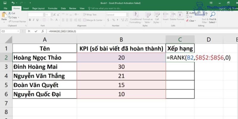 xếp hạng trong Excel