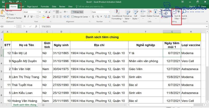 cách SORT trong Excel