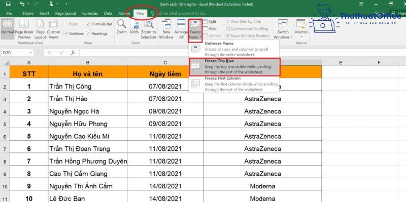 cố định tiêu đề trong Excel