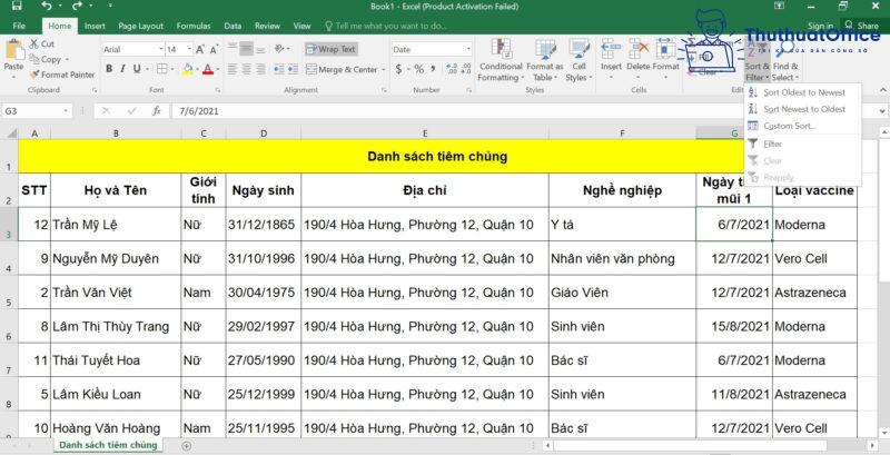 cách SORT trong Excel