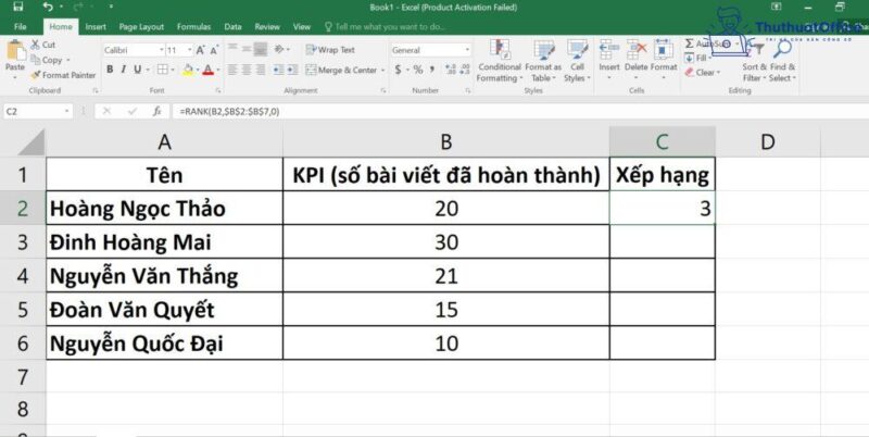 xếp hạng trong Excel