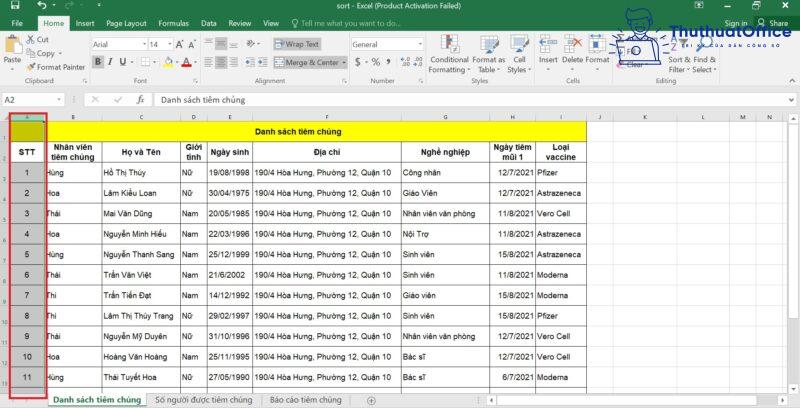 cách SORT trong Excel