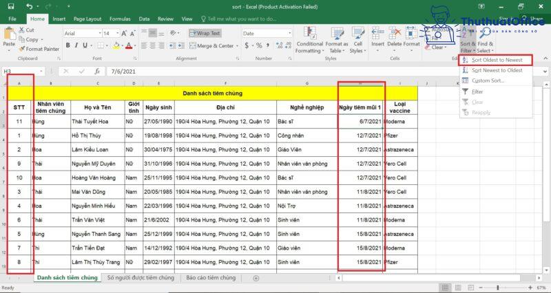 cách SORT trong Excel