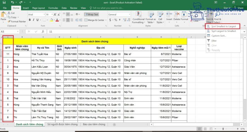 cách SORT trong Excel