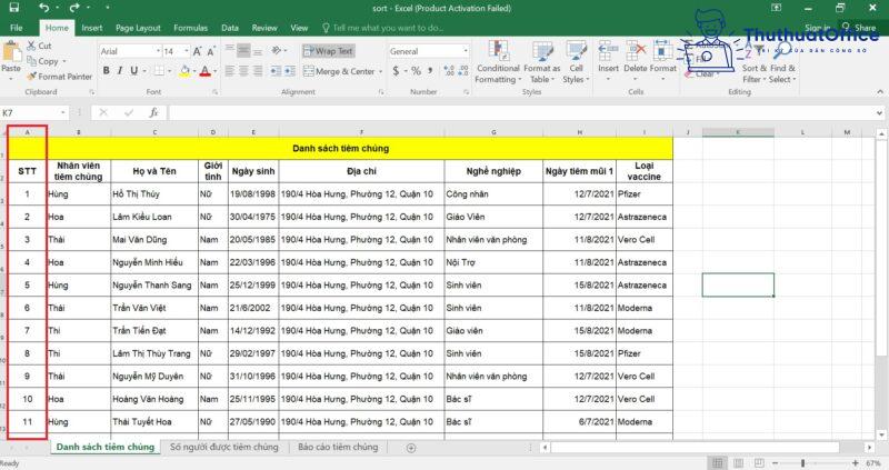 cách SORT trong Excel