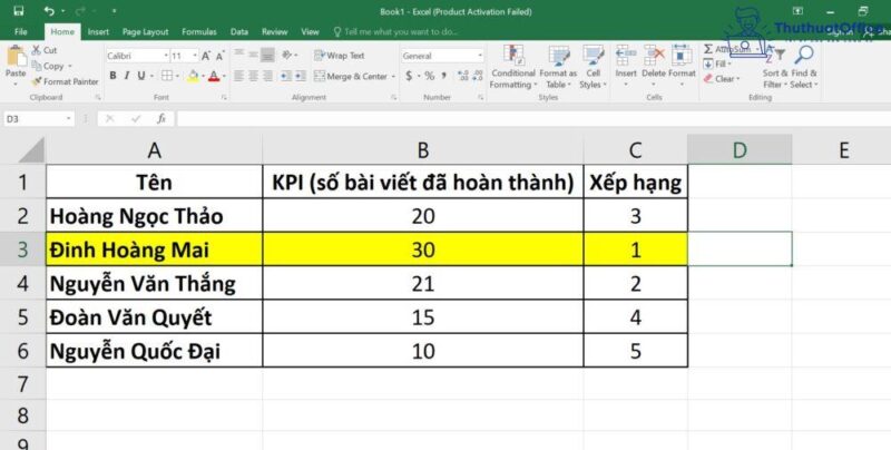 xếp hạng trong Excel