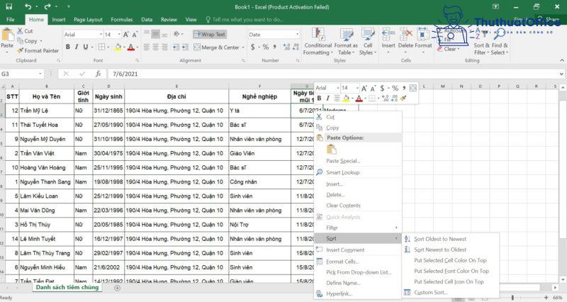 cách SORT trong Excel