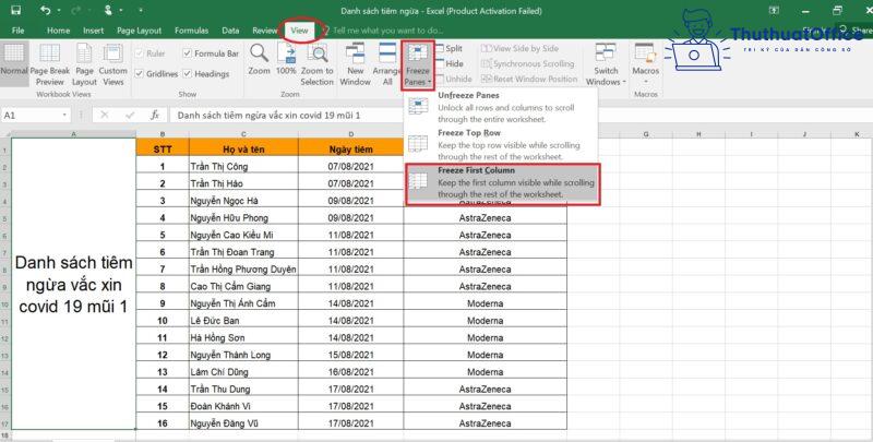 cố định tiêu đề trong Excel