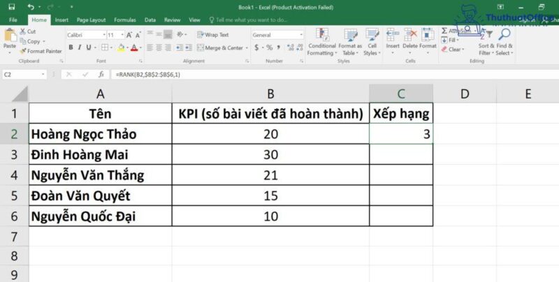 xếp hạng trong Excel