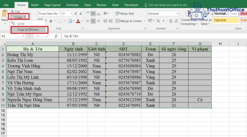 chuyển Excel sang ảnh