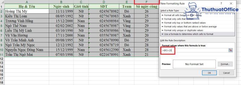 tô màu dòng có điều kiện trong Excel