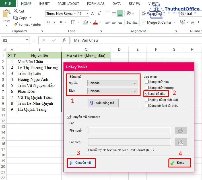 bỏ dấu trong Excel