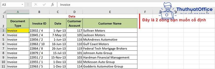 cố định dòng trong Excel