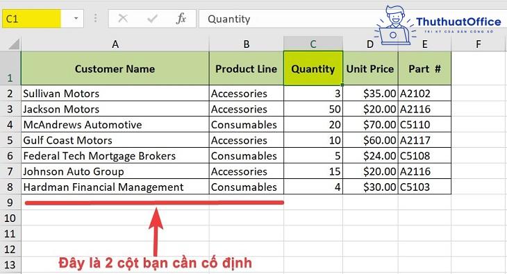 cố định cột trong excel