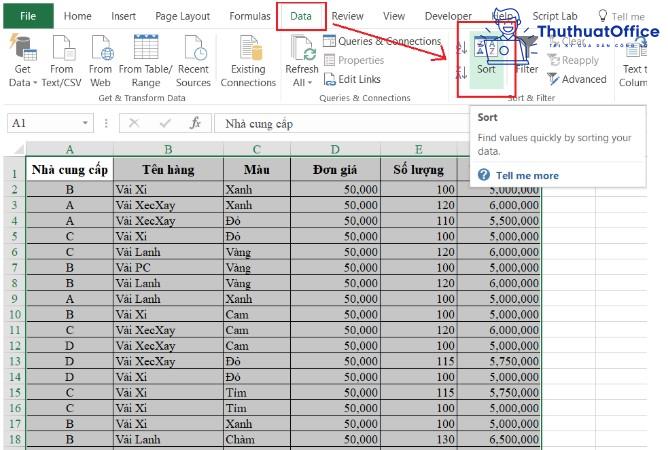 sắp xếp trong excel