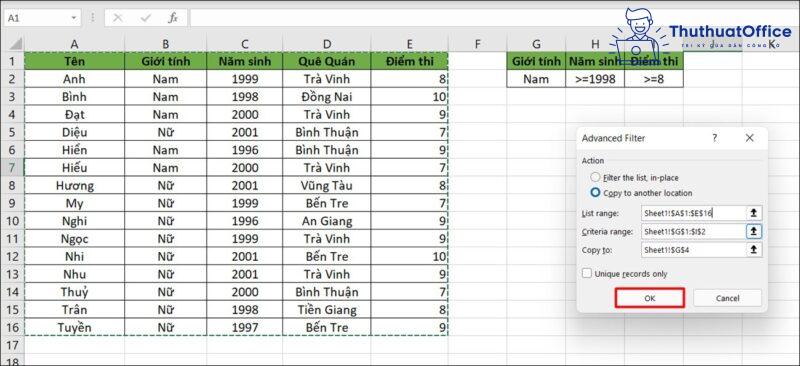 Lọc dữ liệu trong Excel