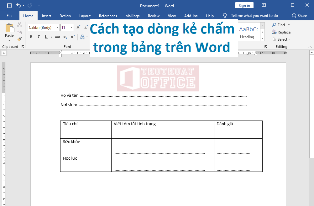 cach tao dong ke cham trong bang Word 2010 07