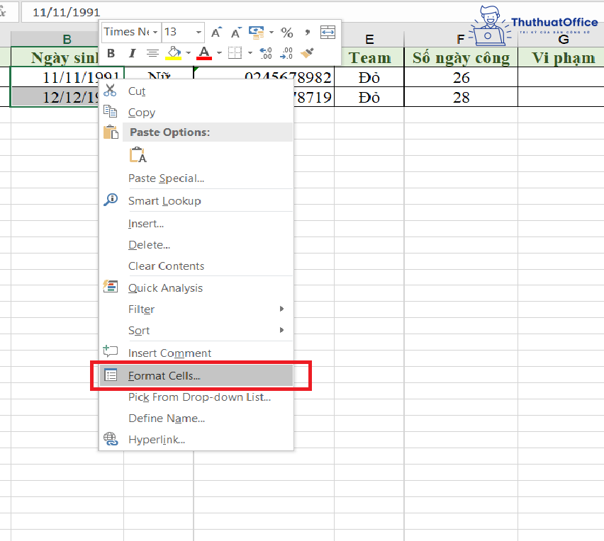 định dạng ngày tháng trong Excel