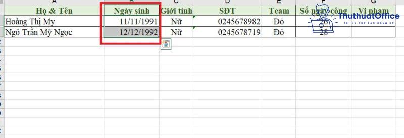 định dạng ngày tháng trong Excel