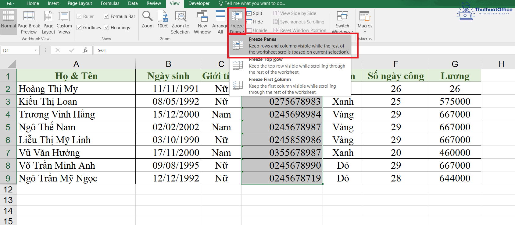 cố định ô trong Excel