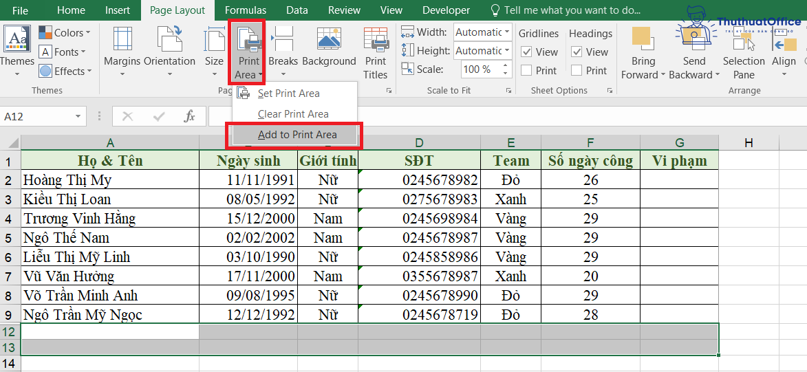 chọn vùng in trong Excel