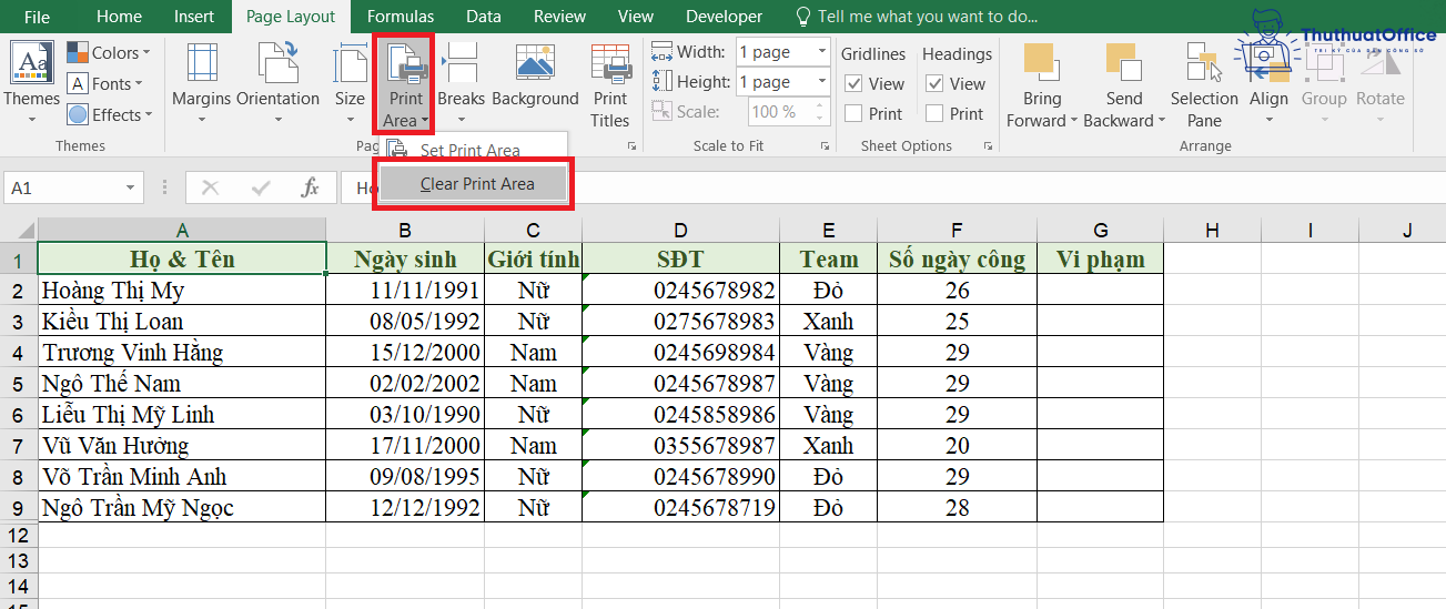 chọn vùng in trong Excel