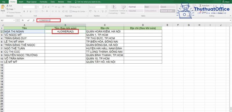 chuyển chữ hoa thành chữ thường trong Excel