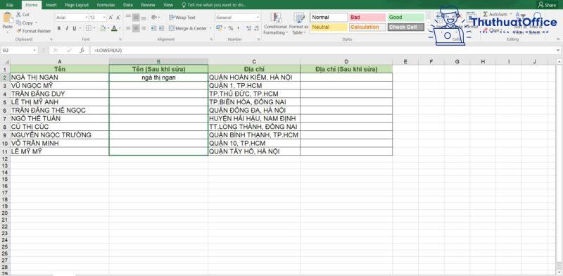 chuyển chữ hoa thành chữ thường trong Excel