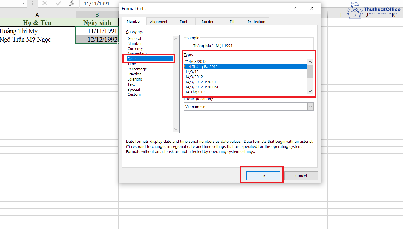 định dạng ngày tháng trong Excel