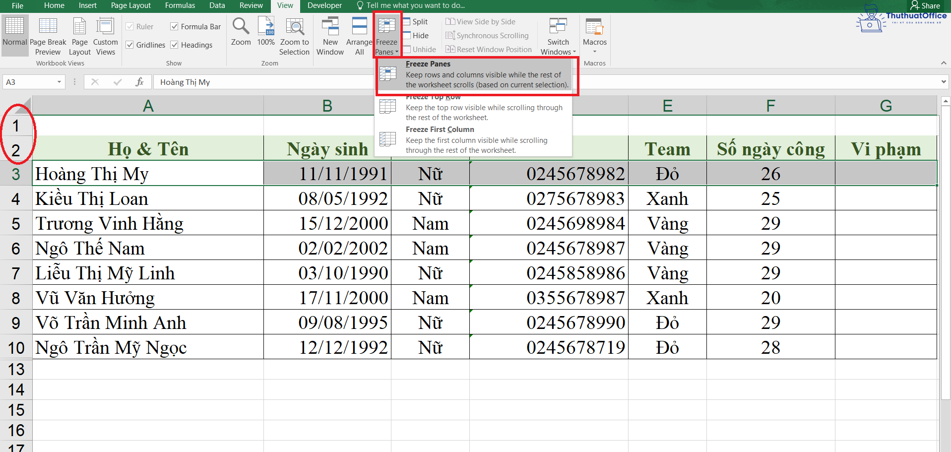 cố định ô trong Excel