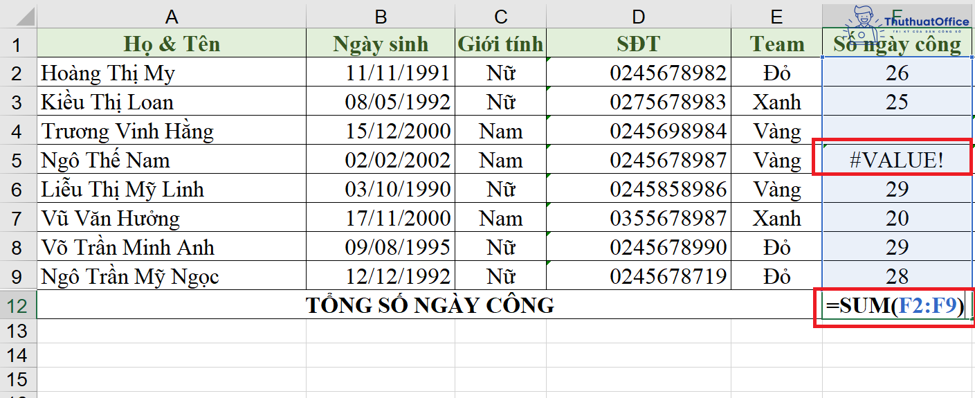 lỗi #VALUE! trong Excel