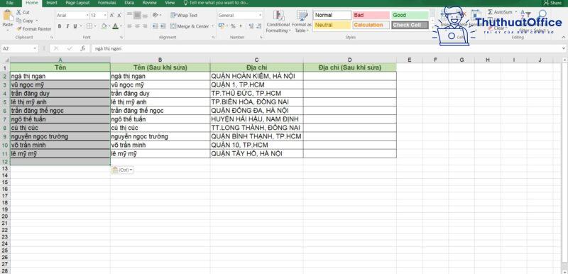 chuyển chữ hoa thành chữ thường trong Excel