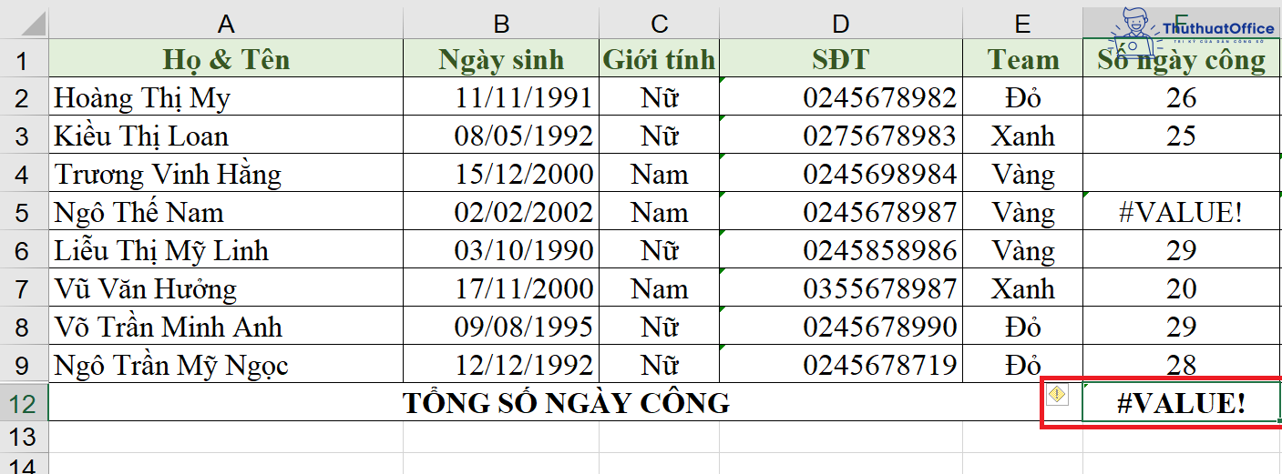 lỗi #VALUE! trong Excel