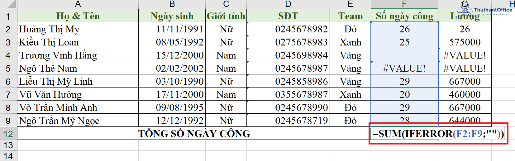 lỗi #VALUE! trong Excel