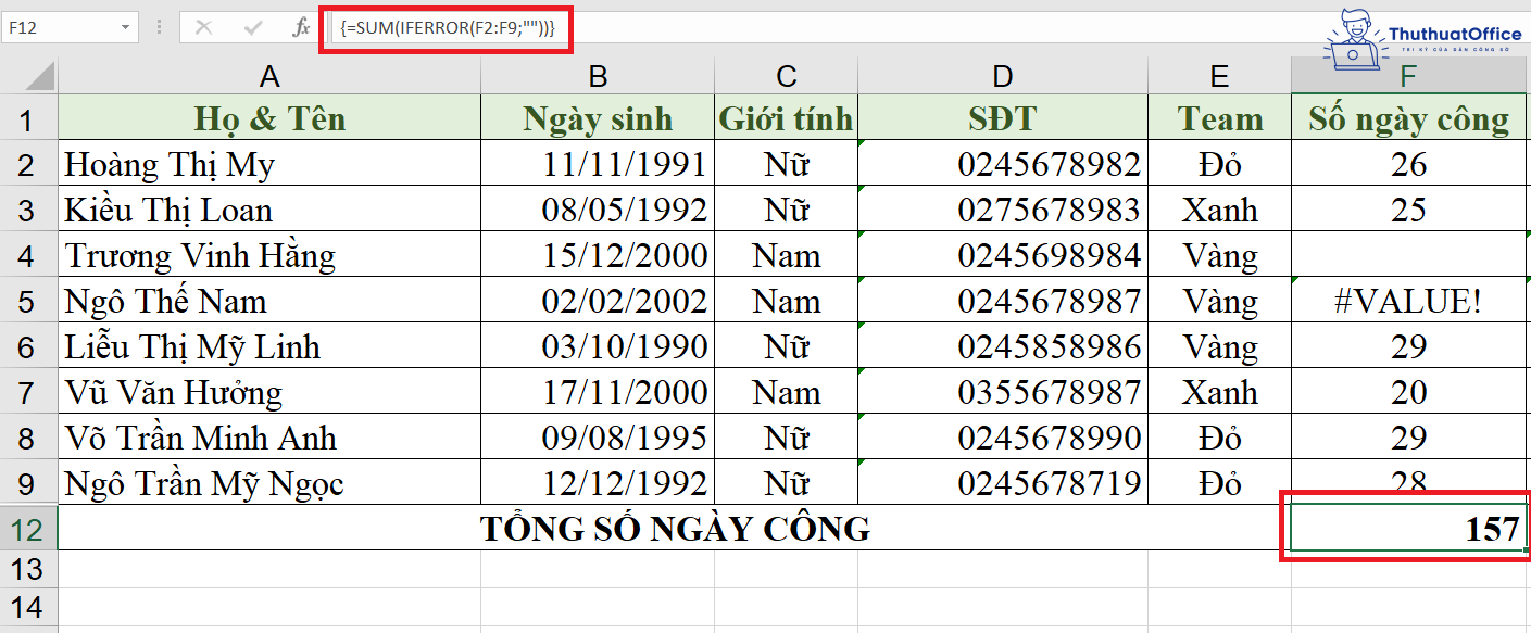 lỗi #VALUE! trong Excel