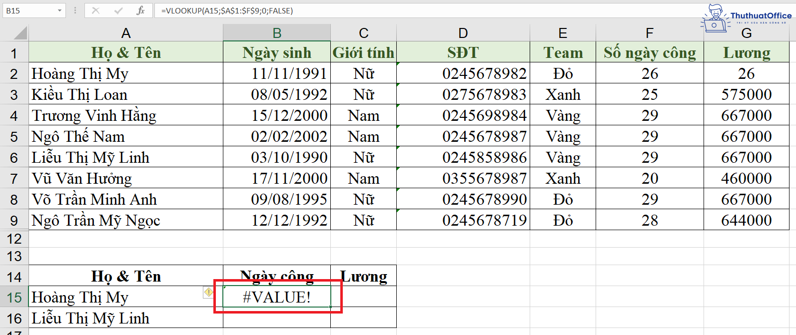 lỗi #VALUE! trong Excel