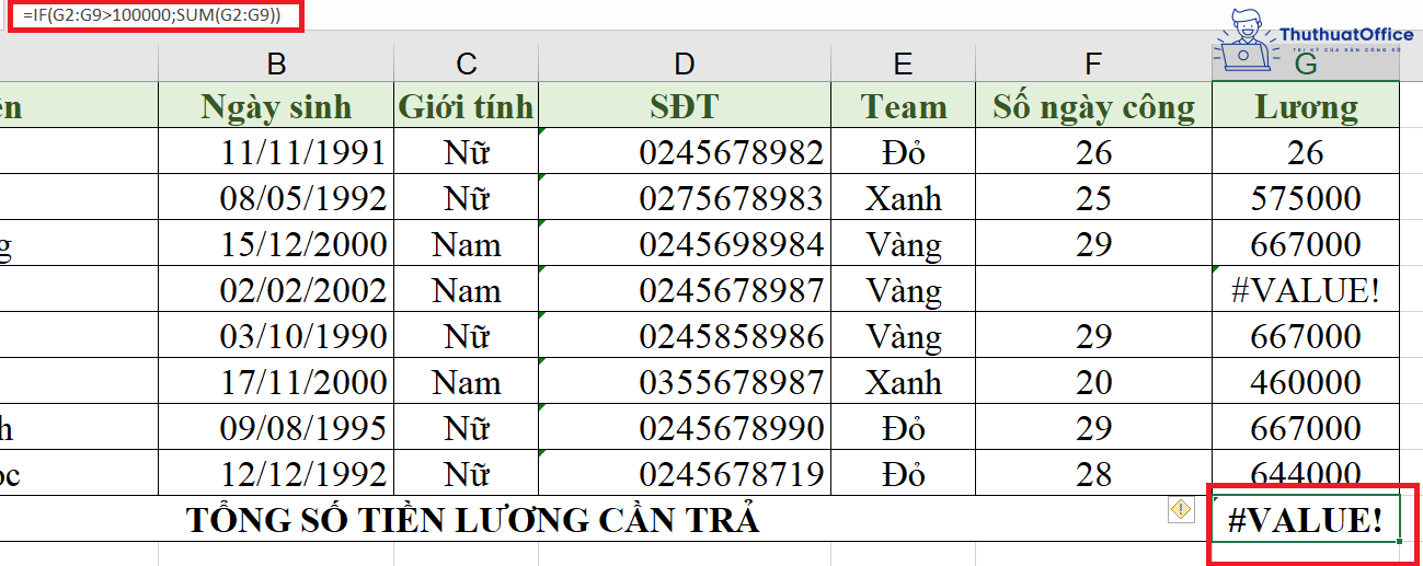 lỗi #VALUE! trong Excel