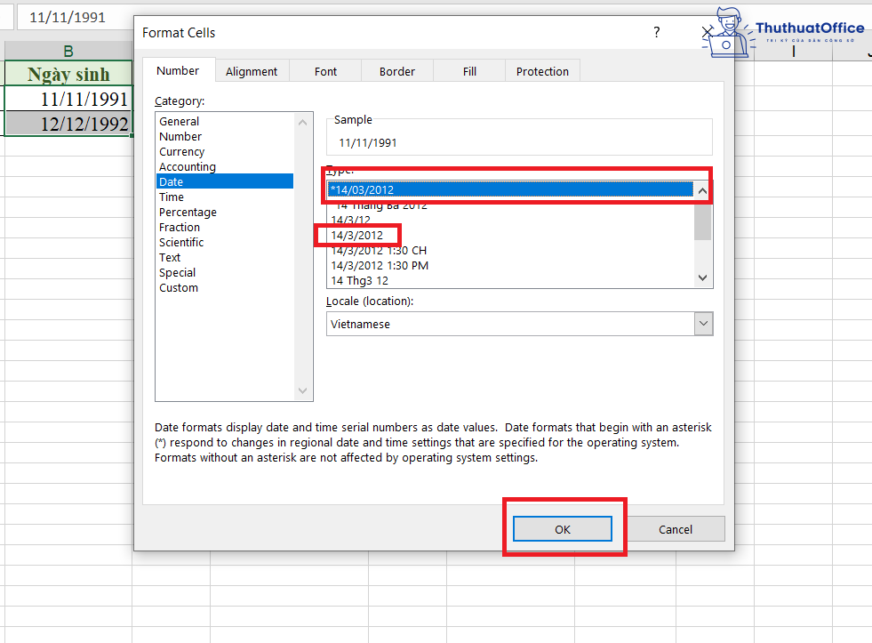 định dạng ngày tháng trong Excel