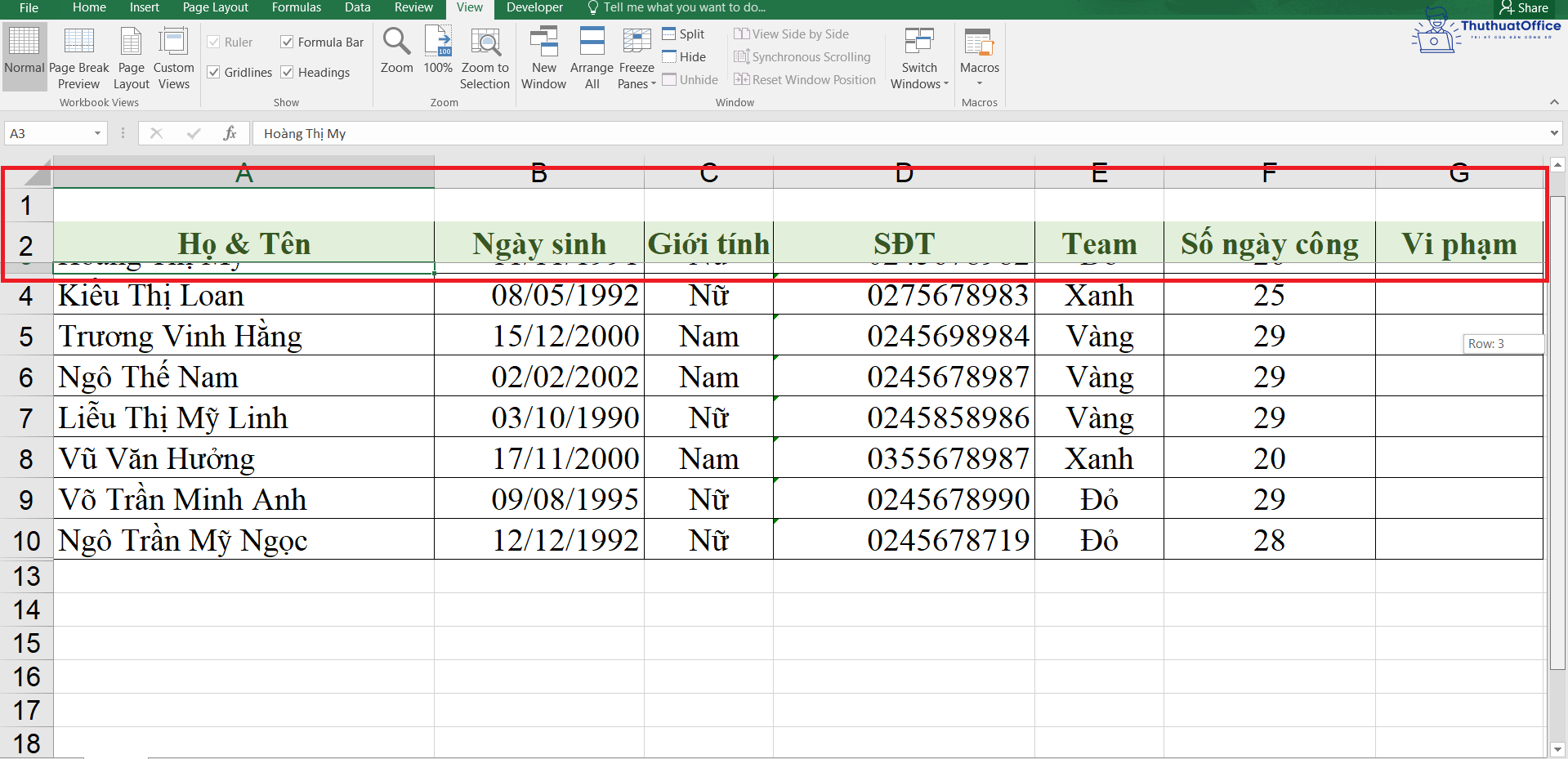 cố định ô trong Excel